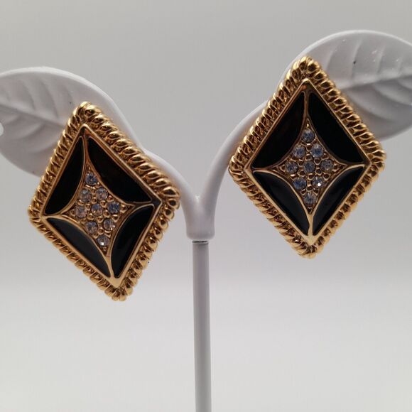 Vintage Park Lane Bracelet Post Earrings Set, Black Enamel Rhinestones - Picture 4 of 11